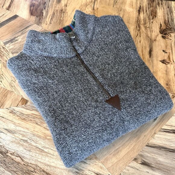 L.L. Bean Lambswool Quarter Zip Sweater Gray Plaid Collar Kangaroo Pocket - Picture 10 of 13